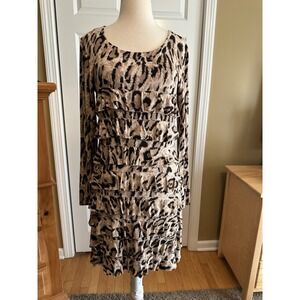 ISLE Apparel Leopard Animal Print Ruffled Long Sleeve Casual Dress Black Beige M